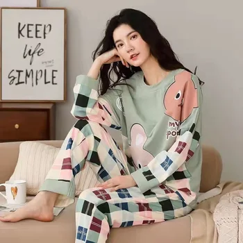 Пижами, изработени от чист памук Дамски Пролетни и Есенни модели с дълги ръкави За домашно обслужване Женски Прост Свободен Всекидневен костюм Голям размер 5XL 3