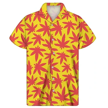 2022 Harajuku Кубинската Жълта Риза С Принтом Листа Плевели, Мъжки Ежедневни Риза с Къс Ръкав, Лятна Дишаща Плажна Риза 4