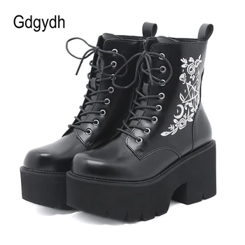 Gdgydh/Модни Армейските обувки на платформа с бродерия; най-разполага с магически обувки в готически стил на дебелите ток; сезон Пролет-Есен; веганские Обувки до средата на прасците от изкуствена кожа 4