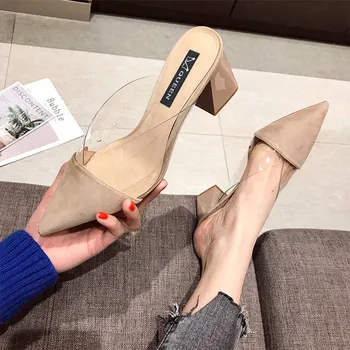 Велурени чехли Мюлер на Високо квадратен ток с остър пръсти, дамски летни обувки 2019 г., дамски модни Лоскутная дамски обувки за дребни подметка 4