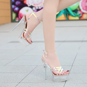 Дамски сандали на висок ток 12 см/14 см, женски сватбени обувки, Летни гумени сандали с цветни стъкла, обувки за нощен клуб на платформа от стоманени тръби 4