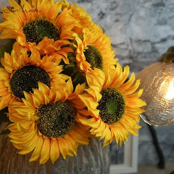 SunMade 7-Heads Луксозен Голям Букет От Слънчогледи Изкуствени Цветя Есенния Декор Саксии За Цветя Декоративна Украса На Хола 5