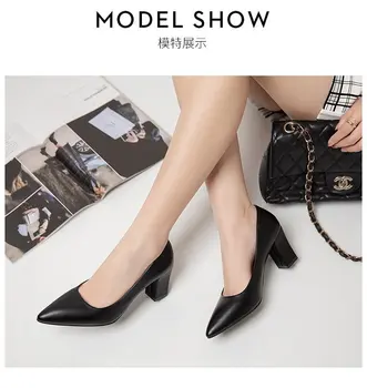 Есенни нови работни прости модни обувки на висок ток в корейски стил, обувки-лодка на дебелите обувки с остър пръсти 5