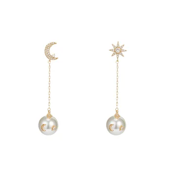 Корейската мода самоличността на звездата на луната диамант, перла пискюл S925 сребърни обеци, игла женски темперамент диви обеци 5